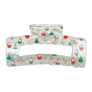 Acrylic Christmas claw clip with Santa and reindeer prints on a clear square hair clamp