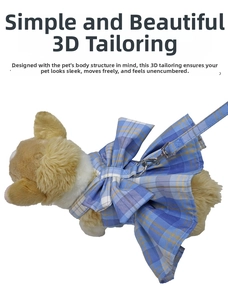 Blue plaid dog dress set with bow decoration and matching leash for small pets