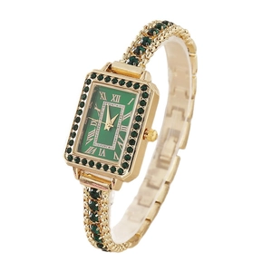 Retro rectangle women's gold quartz watch with green roman dial and emerald crystals