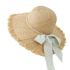Chapeau de paille à large bord pour femme avec perles et ruban à fleurs pour la plage