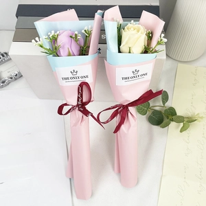 Soap rose flower gift set with purple and cream petals in premium paper packaging