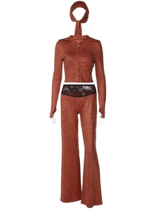 Ensemble 3 pièces léopard pour femme avec veste à capuche et pantalon évasé dentelle