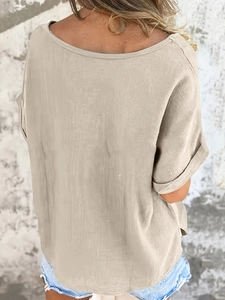 T-shirt da donna minimalista con girocollo in cotone e lino, colore beige chiaro albicocca