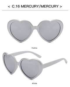 Front and 45-degree side views of silver heart-shaped polarized sunglasses for women