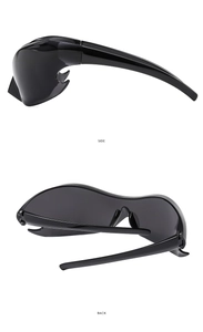 Side and back view of sleek black Y2K wrap around sporty sunglasses with polished finish