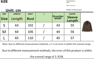 Detailed size guide for vintage suede jacket showing S to L dimensions in cm