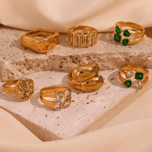 Vintage Gold Plated Stainless Steel Rings Geometric Heart Zircon Inlay Star Moon Eye Retro Fashion Jewelry For Women