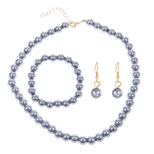 Parure de bijoux en perles grises avec collier, bracelet et boucles d'oreilles dorés