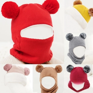 Knitted winter hooded scarves for children with dual pom-poms in six vibrant colors