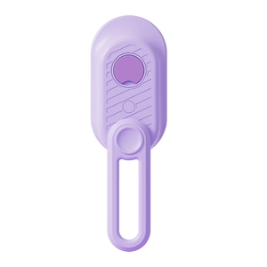 Close-up of portable purple mini utility knife with retractable blade and hanging loop