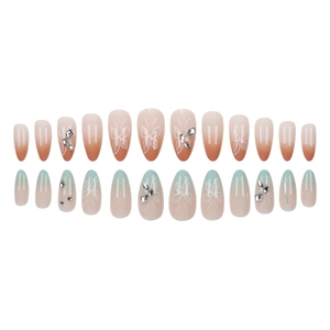 Almond press-on nails with butterfly patterns and rhinestones in macaron gradient shades
