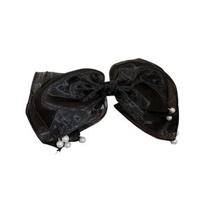 French style black organza bow hair clip with white pearl tassels and spring clip fastening
