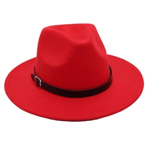 Detailed close-up of a red wool fedora hat featuring a thin black leather band and buckle