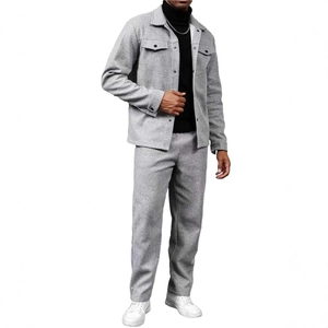 Men's grey two-piece casual suit featuring a lapel cardigan jacket and loose fit trousers