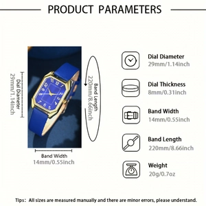 Detailed size specifications for a blue leather square quartz watch with dimensions