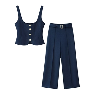 Haut De Gilet Sans Manches Pour Femmes Et Pantalon Large À Taille Haute Twill Polyester Bouton Doré Décor Bleu Marine