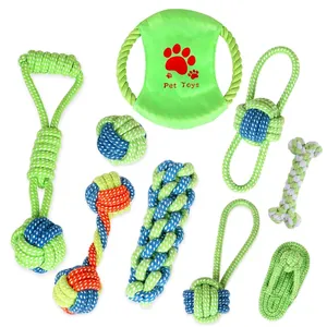 Detail of 9-piece durable cotton rope toy set for dogs showing various green woven textures