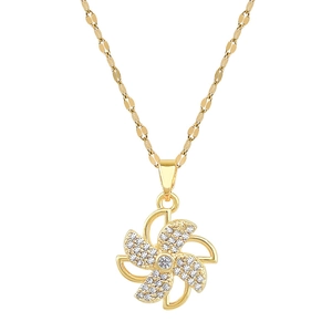 Elegant rotating windmill gold necklace with cubic zirconia pendant and titanium steel chain