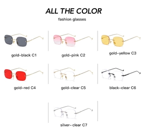 Detailed grid of rectangle rimless sunglasses in seven colors with metal temples