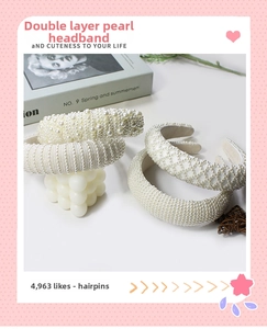 Detail of four distinct double-layered pearl headbands with white beads and fabric lining