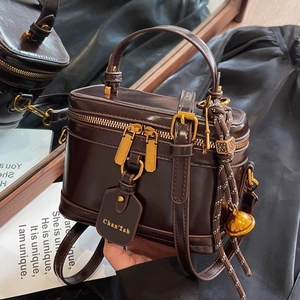 Vintage Box Bag Women PU Leather Vanity Case Gold Hardware Dual Zipper Top Handle Crossbody Shoulder Handbag Pendant