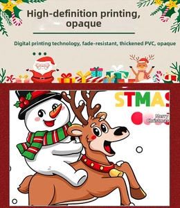Detail of Christmas window sticker showing a snowman on a reindeer with thick PVC material