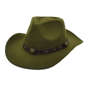 Olive green felt cowboy hat detail with leather strap and metal stud embellishments
