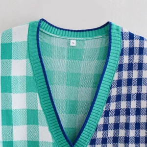 Women's V-neck knit cardigan with green and blue color block checkered pattern