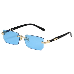 Modern rimless rectangle sunglasses with light blue lenses and gold bridge on white background