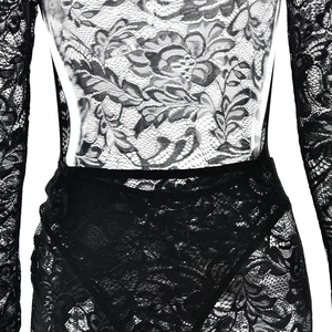 Detail showing sheer floral lace bodysuit texture and intricate back waist tailoring