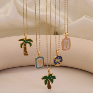 Stainless Steel Palm Tree Pendant Necklace Gold Plated Enamel Tropical Coconut Tree Beach Jewelry For Women