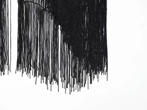 Detailed view of layered black velvet tassels with a silky finish and vertical texture