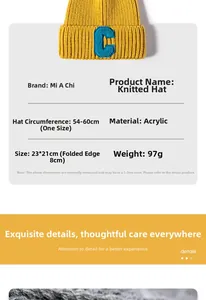 Detailed size specifications for a ginger yellow knit beanie with letter C patch