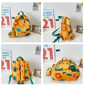 Detailed multi-angle views of yellow floral kids backpack with matching coin purse