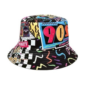 Reversible Bucket Hat Polyester 90s Retro Pop Art Graffiti Print Sun Protection Foldable Fisherman Hat For Men Women