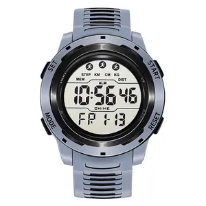 Digital sports watch with grey rubber strap and multi-function large LCD display