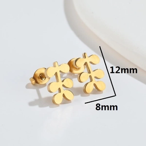Gold leaf minimalist stainless steel stud earrings 12mm x 8mm on a white background