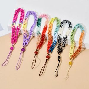 Close-up of colorful resin chunky chain phone lanyards in six different vibrant styles