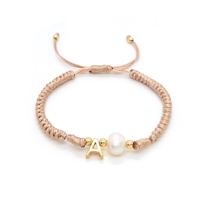 Handmade braided letter A bracelet with natural pearl and adjustable gold-tone cord