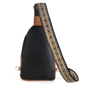 Elegante borsa da petto in pelle PU nera con ampia tracolla jacquard geometrica