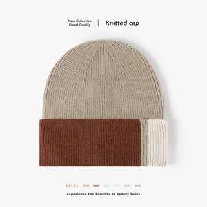 Knitted Beanie Hat Faux Rabbit Fur Warm Color Block Cuff Outdoor Winter Autumn Fashion For Women Men