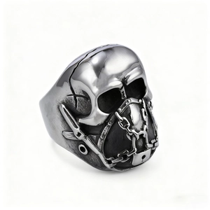 Vintage silver punk skull ring for men with chain and padlock details in gothic style