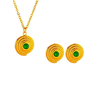 Vintage French Style 18K Gold Plated 304 Stainless Steel Green Stone Necklace And Earrings Spiral Rope Texture Pendant