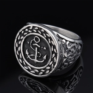 Vintage stainless steel anchor signet ring for men with nautical rope details