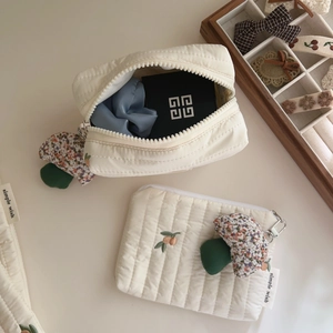 Minimalist white quilted embroidery handbag set with floral mushroom charm and zipper