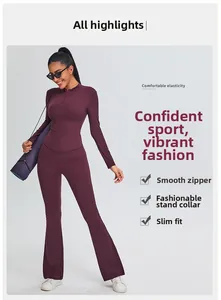 Detail of smooth half-zipper and stand collar on a dark burgundy slim yoga top