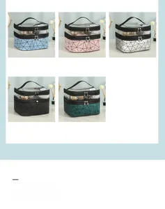 Double-layer travel toiletry bag with transparent top and geometric pattern base