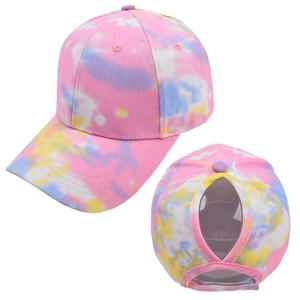 Detail view of tie-dye baseball cap with functional ponytail hole and cotton canvas fabric