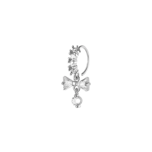 Silver bow pendant earrings with sparkling cubic zirconia on a minimalist white background