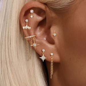 Close-up of gold plated S925 silver ear cuff and marquise zircon studs on ear